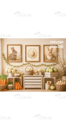 Tło fotograficzne wielkanocne z królikami, jajkami i marchewkami | E569